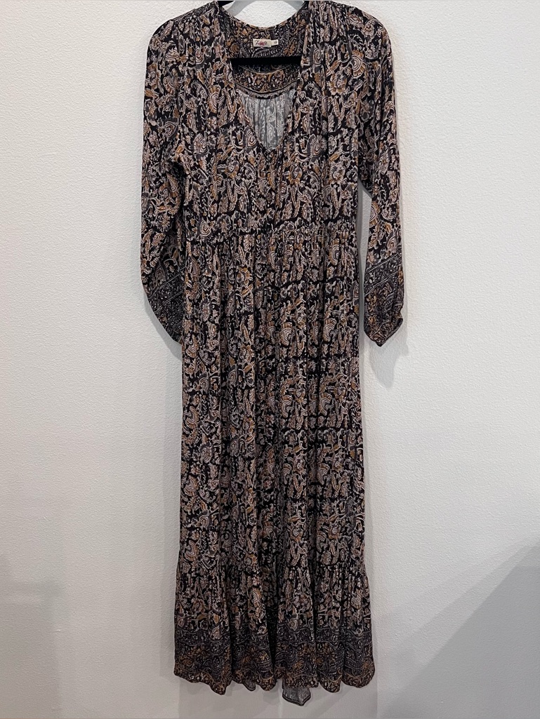 Faherty Toluca Floral Tiered Maxi Long Sleeve Boho Dress Blue Bordeax Button - S